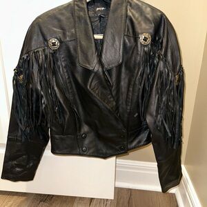 Nasty Gal Black Leather Fringe Jacket – Western Biker Style, Size 4 small